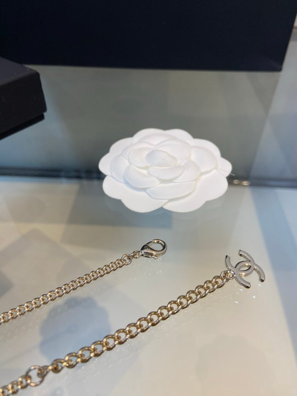 Chanel Gold-Tone Blue Enamel Flower Pearl Crystal Long Necklace - Picture 6 of 7